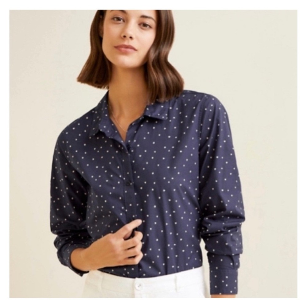 Garnet Hill Essential Organic Cotton Button Down Women 4 Navy BLU Polka Dot NWOT